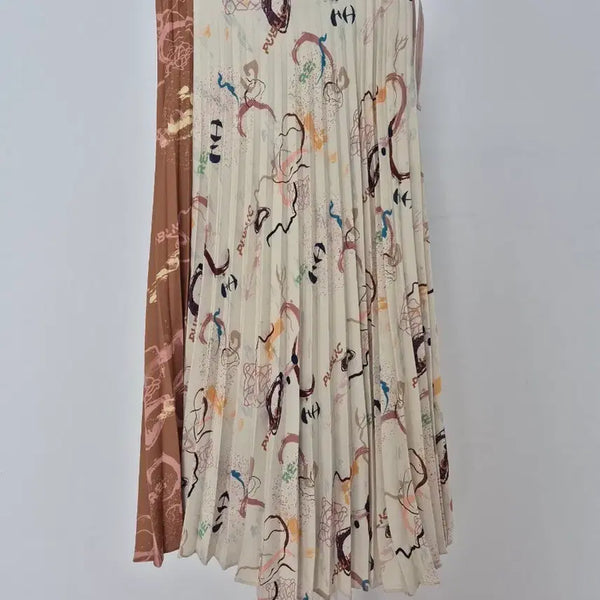 [BUNJANG] DEWL Pleated Skirt Ivory Brown Pattern / 듀엘 주름 스커트 아이보리 브라운 패턴