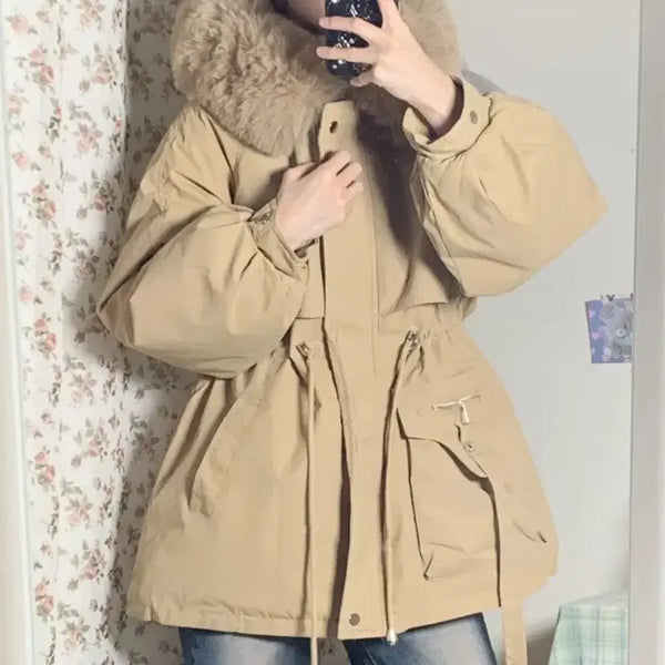 [BUNJANG] Beige Fur Lined Parka Jacket / 베이지 퍼 야상 자켓 / 퍼 패딩 야상패딩