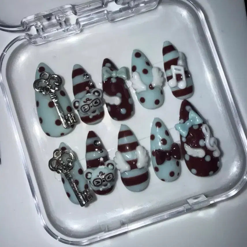 [BUNJANG] Mintcore Mint Chocolate Wishcore Handmade Nail Tips / 민트코어 민트초코 위시코어 수제네일팁 판매 귀여운 도트 스트라이프 리본 날개