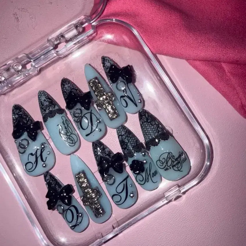[BUNJANG] Mintcore Ribbon Handmade Nail Tips - Custom Order / 민트코어 리본 수제네일팁 네일팁 판매 주문제작 꽃 십자가