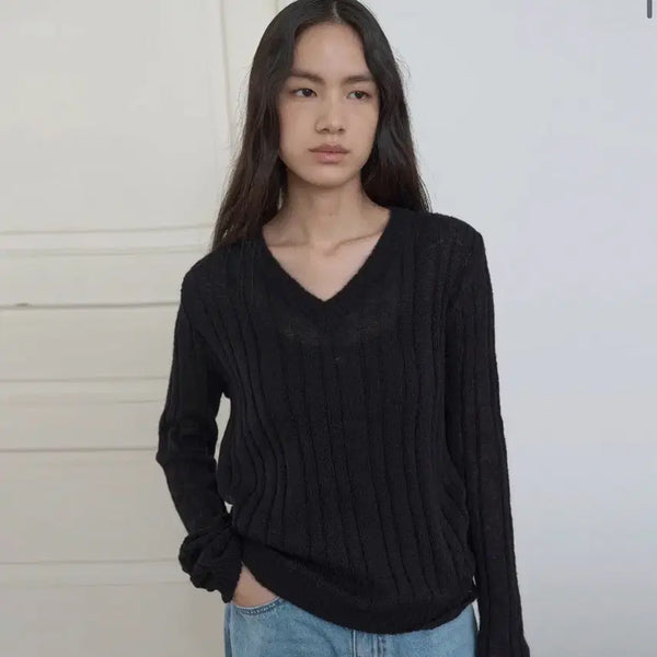 [BUNJANG] Majone Sheer V-Neck Knit Black / 마조네 시어 브이넥 니트 블랙