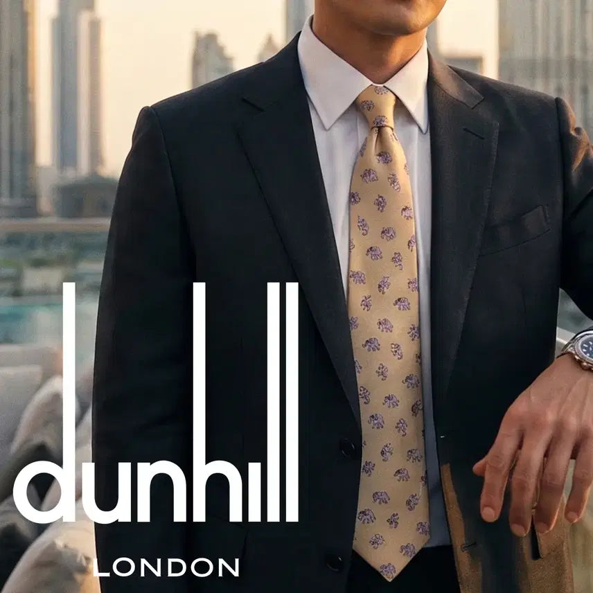 [BUNJANG] Dunhill Yellow Elephant Pattern Silk Necktie 9.8cm / 던힐 옐로우 코끼리 패턴 넥타이 9.8cm B등급 E2069
