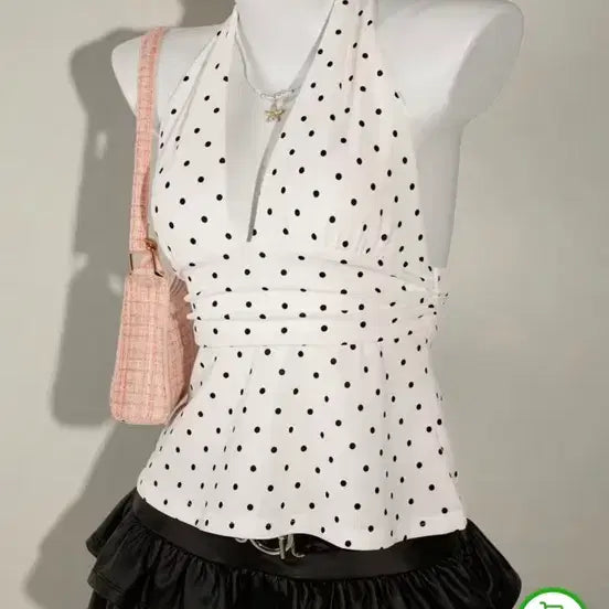 [BUNJANG] White Dot Halter Neck Tank Top / 화이트 도트 홀터넥 나시