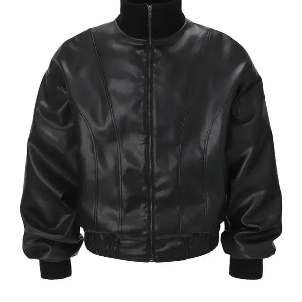 [BUNJANG] 3Times High Neck Leather Jacket Black / 쓰리타임즈 하이넥 레더 자켓 블랙
