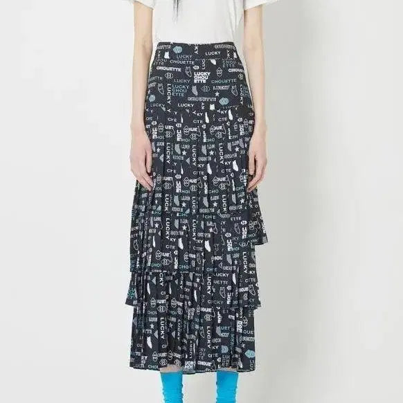 [BUNJANG] Lucky Chouette Logo & Character Pattern Long Skirt / 럭키슈에뜨 스커트