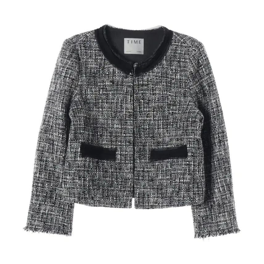 [BUNJANG] TIME 24FW Wool Blend Collarless Crop Tweed Jacket / 타임 24FW 울 블렌드 칼라리스 크롭 트위드 재킷