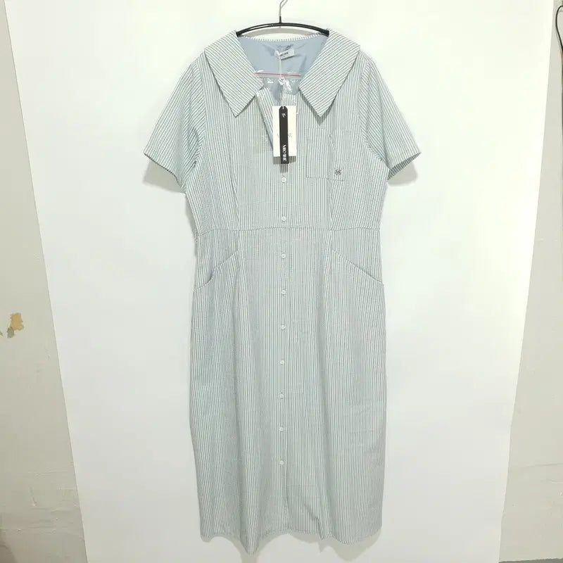 [BUNJANG] MICHANE Bubble Stripe Open Collar Long Dress / 미케네 버블리 스트라이프 으픈카라 롱 원피스 4_S1597