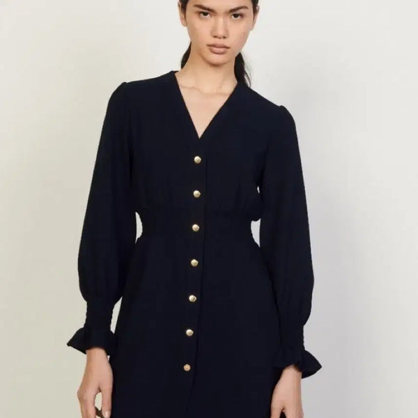 [BUNJANG] Sandro Button-Up Puff Sleeve Dress Navy / SANDRO 산드로 버튼업 퍼프 원피스 36