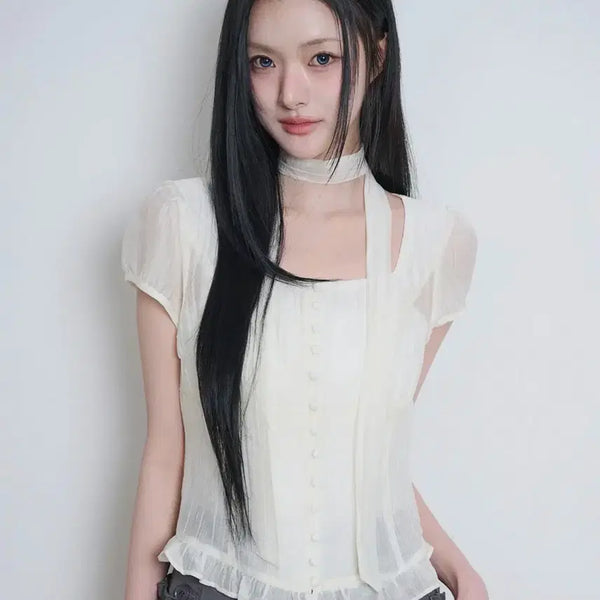 [BUNJANG] Illygo Ribbon Tie Square Neck Blouse - Cream / 일리고 리본 타이 스퀘어넥 블라우스 크림