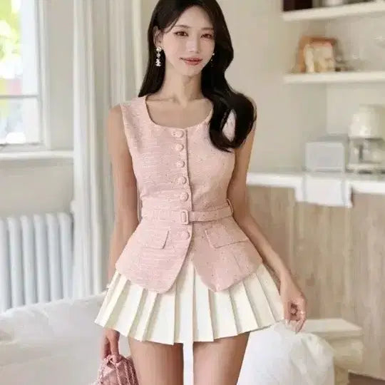 [BUNJANG] Jgee Pink Tweed Vest / 핑크 트위드 베스트