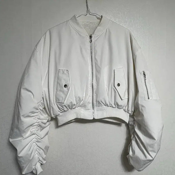 [BUNJANG] White Cropped Bomber Reversible Jacket - Size S / 화이트 크롭 봄버 양면자켓 s
