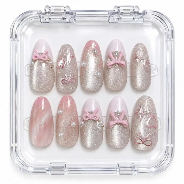 [BUNJANG] Pink Ribbon Cubic Glitter Full Nail Tips / 풀네일 핑크 리본 큐빅 글리터