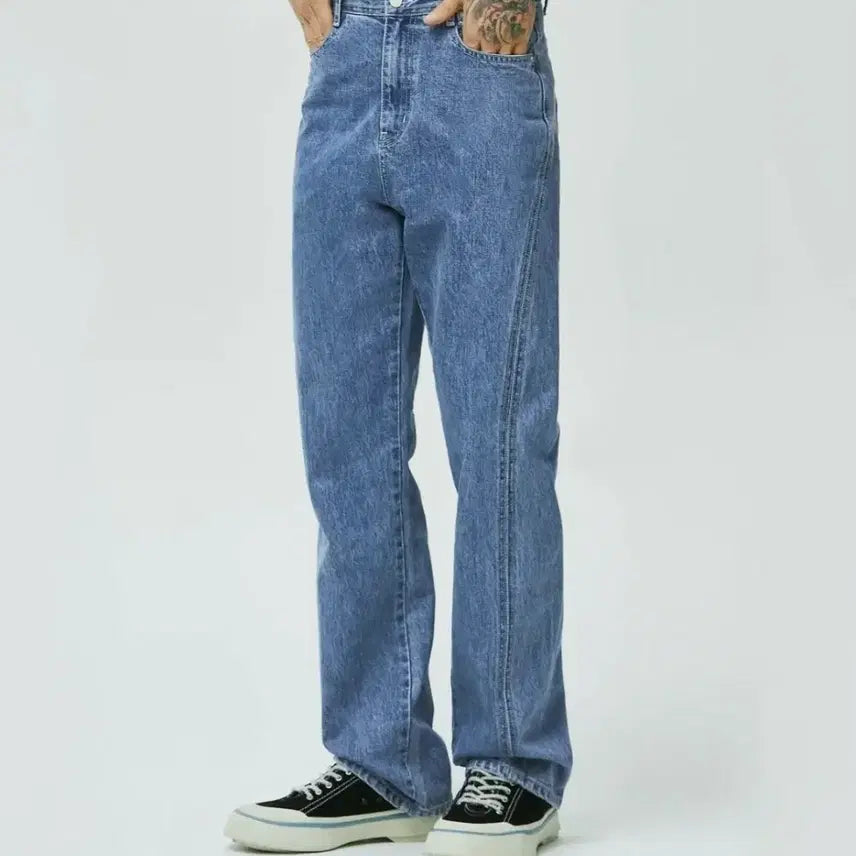 [BUNJANG] DECEIT Oval Stitch Wide Straight Jeans DCPT021Blue / 데케트 Oval Stitch Wide Straight Jeans DCPT021Blue