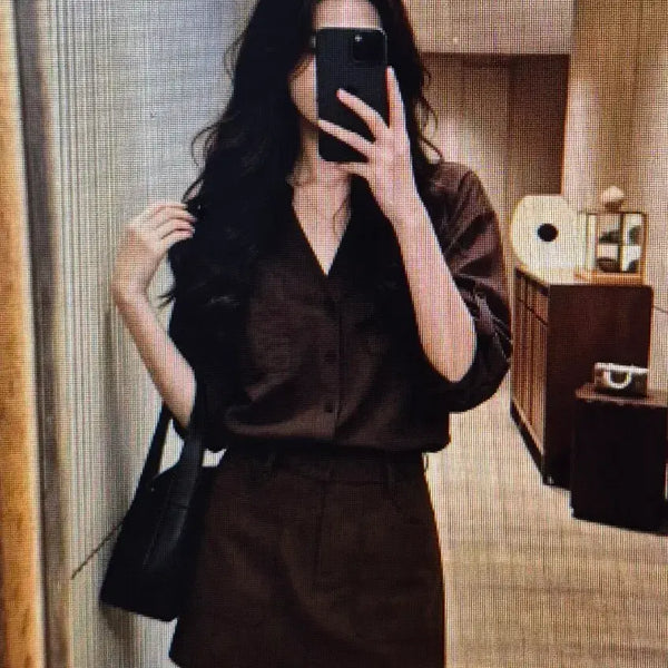 [BUNJANG] Brown V-Neck Roll-Up Shirt / (해외배송)브라운 브이넥 롤업 셔츠