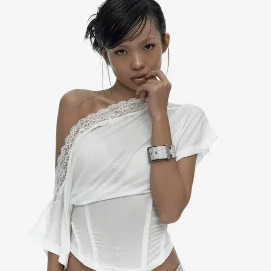 [BUNJANG] Kasico Lace One Shoulder Corset Tee White S / 카시코 레이스 원숄더 코르셋 티 화이트 S