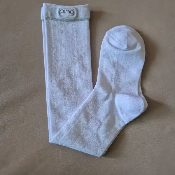[BUNJANG] Ping Embroidered Logo Silver Thread Pearl Knee Socks - White / 핑 자수로고 은사펄 니삭스 화이트