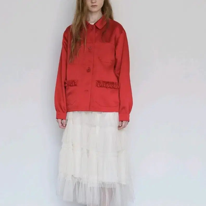 [BUNJANG] Saengkin Studio Satin French Ruffle Jacket Red / 생긴 스튜디오  ( 새틴 프렌치 러플 자켓  레드 )