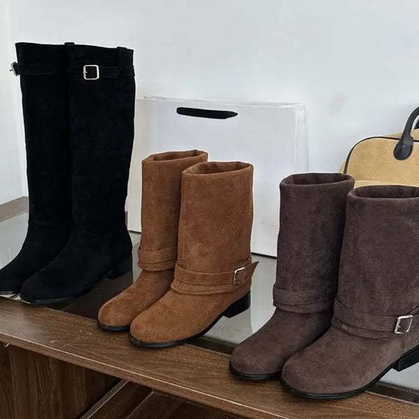 [BUNJANG] Suede Mid-Calf Buckle Boots (240) / 새상품 스웨이드 240 롱 미들 버클 부츠 블랙/브라운/다크브라운
