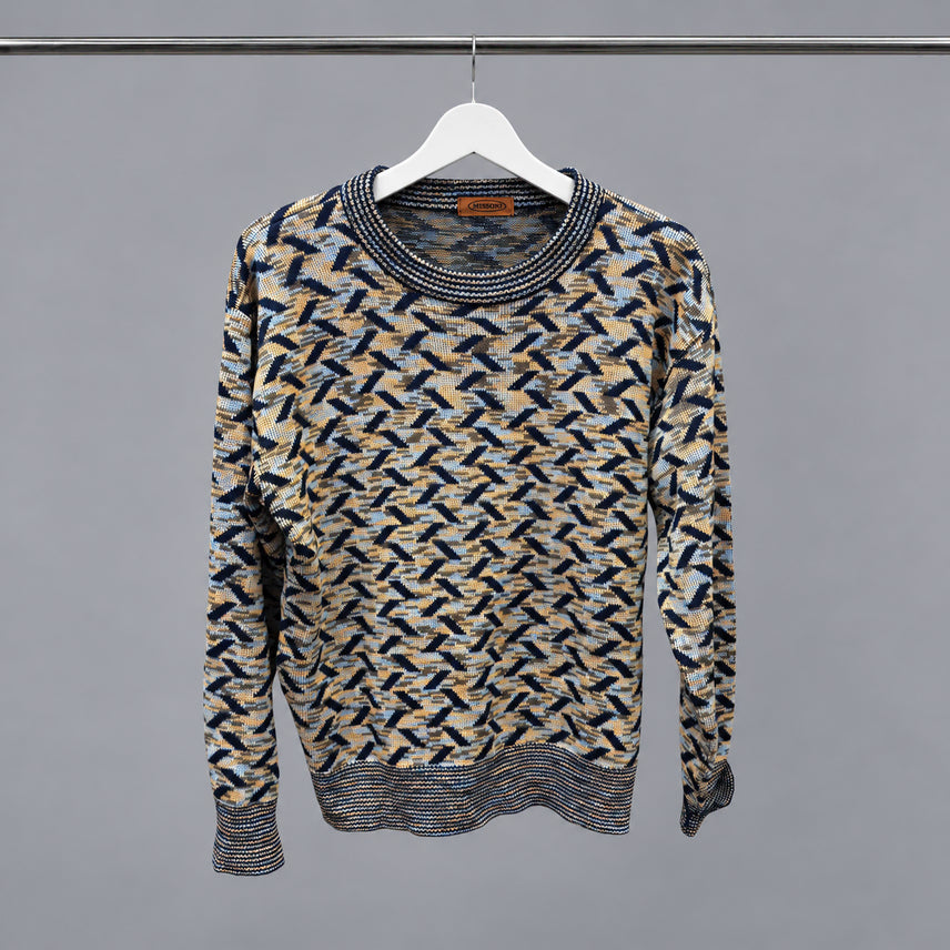 [BUNJANG] MISSONI Round Neck Long Sleeve Knit Zigzag Jacquard Pattern Navy Mix Color / 미쏘니 라운드넥 긴팔 니트 지그재그 자카드 패턴 디테일 네이비 믹스컬러
