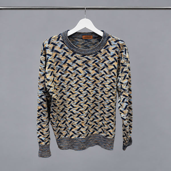 [BUNJANG] MISSONI Round Neck Long Sleeve Knit Zigzag Jacquard Pattern Navy Mix Color / 미쏘니 라운드넥 긴팔 니트 지그재그 자카드 패턴 디테일 네이비 믹스컬러