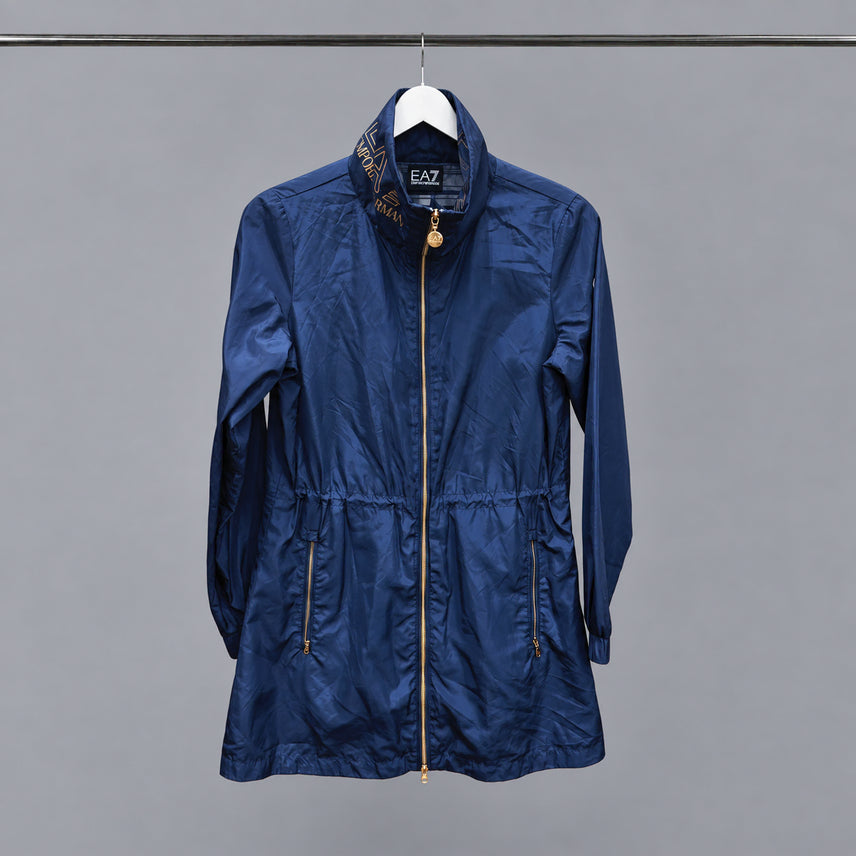 [BUNJANG] Emporio Armani Zip-Up Jacket High Neck Drawstring Navy / 엠포리오 아르마니 집업 자켓 로고 프린트 하이넥 허리 스트링 네이비