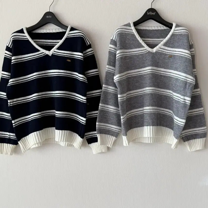 [BUNJANG] V-Neck Stripe Knit Navy/Gray / 새제품 브이넥 스트라이프 니트  네이비/그레이