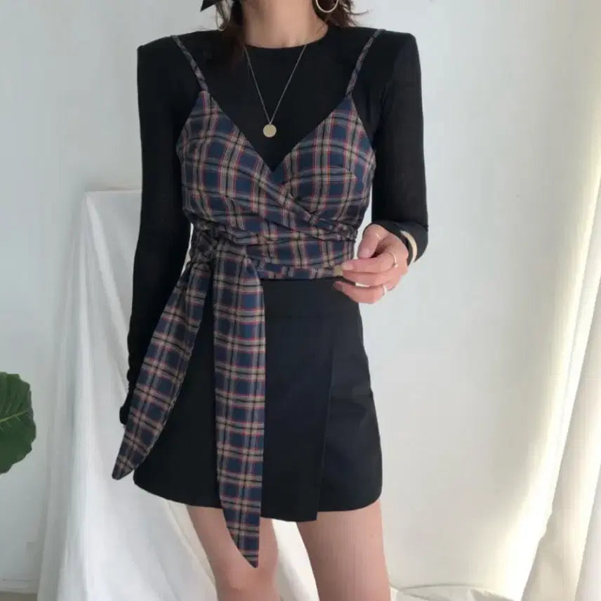 [BUNJANG] Check Bustier Crop Sleeveless Top / 랩 체크 뷔스티에 크롭 나시 탑