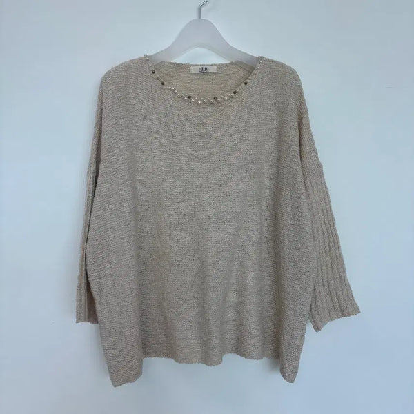 [BUNJANG] Attic Beige Oversized Pearl Bead Knit Sweater / attic 어틱 베이지 오버핏 진주비즈 니트 55-66 ㅡ0917