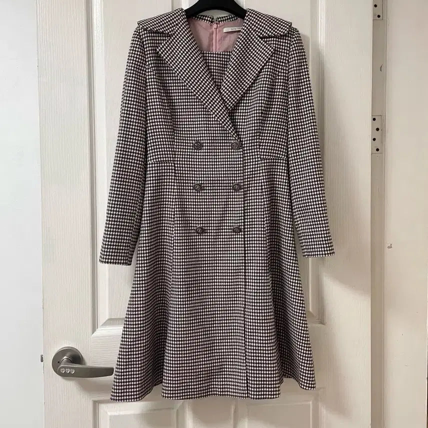 [BUNJANG] Kenneth Lady Houndstooth Check Collar Double Flare Suit Dress / 케네스레이디 하운드투스 체크 카라 더블 플레어 정장 오피스 하객 상견례 원피스 55