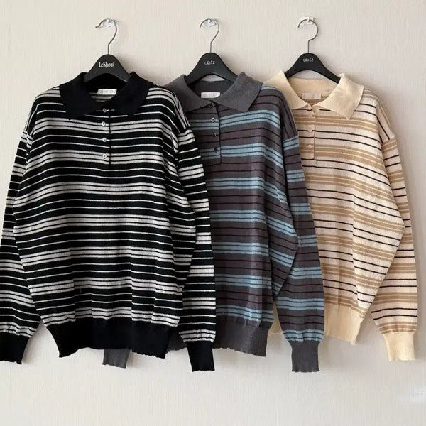 [BUNJANG] Stripe Contrast Collar Knit Top / 새제품 카라 스트라이프 배색  블랙/그레이/브라운