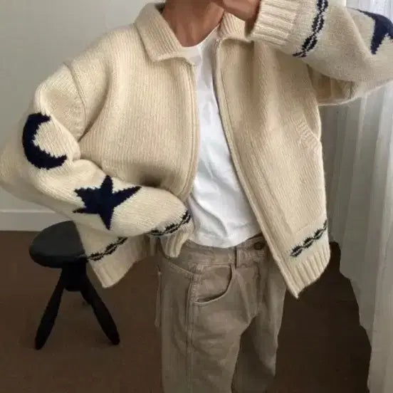 [BUNJANG] Romantisz Shetland Star 100% Wool Zip-Up Cardigan / 로맨티사이즈 셔틀랜드 별 울100% 집업가디건