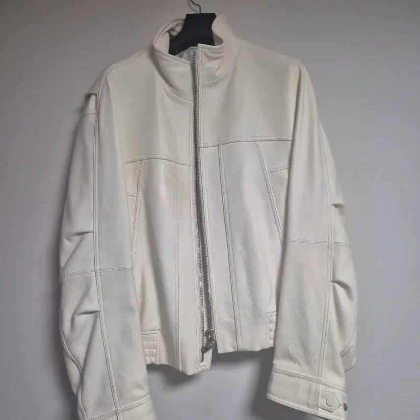 [BUNJANG] Solid Homme High-Neck White Leather Jacket / 솔리드옴므 하이넥 화이트 레더자켓