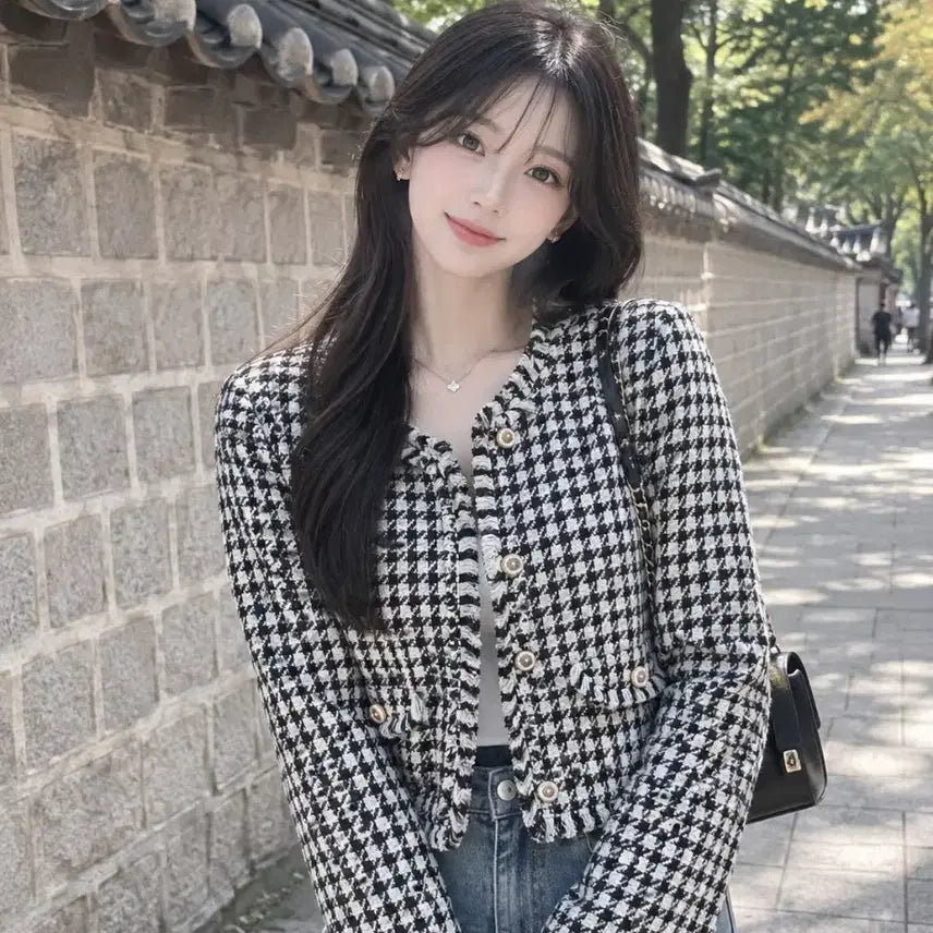 [BUNJANG] Houndstooth Tweed Jacket - Black / 새상품ㅡ트위드 자켓 하운드체크 블랙