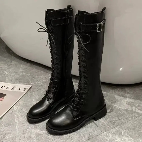 [BUNJANG] Y2K Lace-Up Buckle Boots / 240 롱 부츠 검정 검정색 검은색 블랙 레이스업 버클 신발 Y2K