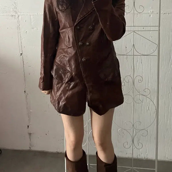 [BUNJANG] Vintage Double-Breasted Brown Lambskin Leather Jacket / 빈티지 더블 브레스티드 브라운 양가죽 자켓