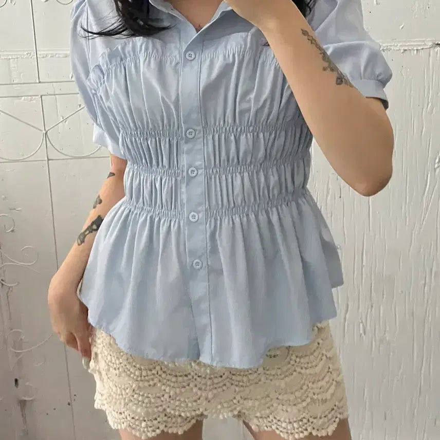 [BUNJANG] Vintage Smocked Peplum Blouse / 빈티지 스모크 페플럼 셔츠 블라우스