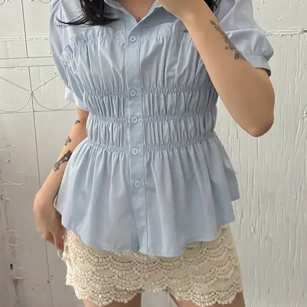 [BUNJANG] Vintage Smocked Peplum Blouse / 빈티지 스모크 페플럼 셔츠 블라우스