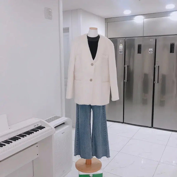 [BUNJANG] Ivory Oversized Collarless Coat Jacket (Free Size) / 아이보리 오버핏 노카라 코트 자켓(free)