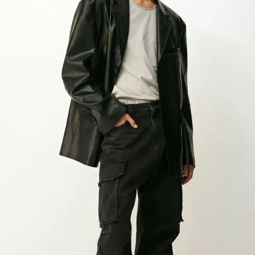 [BUNJANG] COOR Oversized Vegan Leather Blazer Black / 쿠어(COOR) 오버사이즈 비건 레더 블레이저 블랙 (L사이즈) 105~110