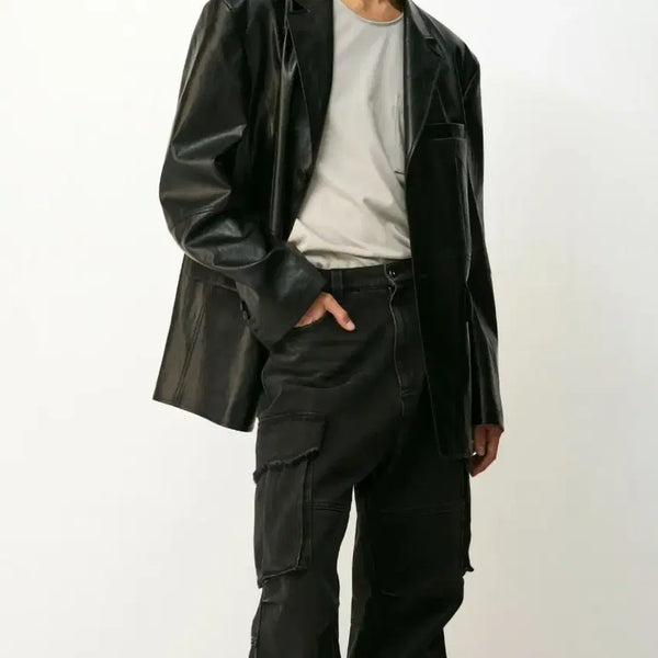 [BUNJANG] COOR Oversized Vegan Leather Blazer Black / 쿠어(COOR) 오버사이즈 비건 레더 블레이저 블랙 (L사이즈) 105~110