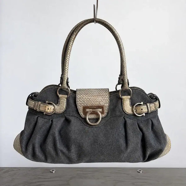 [BUNJANG] Salvatore Ferragamo Gancini Denim Python Shoulder Bag / 페라가모 간치니 데님 파이톤 숄더백