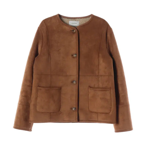[BUNJANG] Revell Collarless Patch Pocket Shearling Jacket / 르비에르 노칼라 패치 포켓 무스탕 자켓
