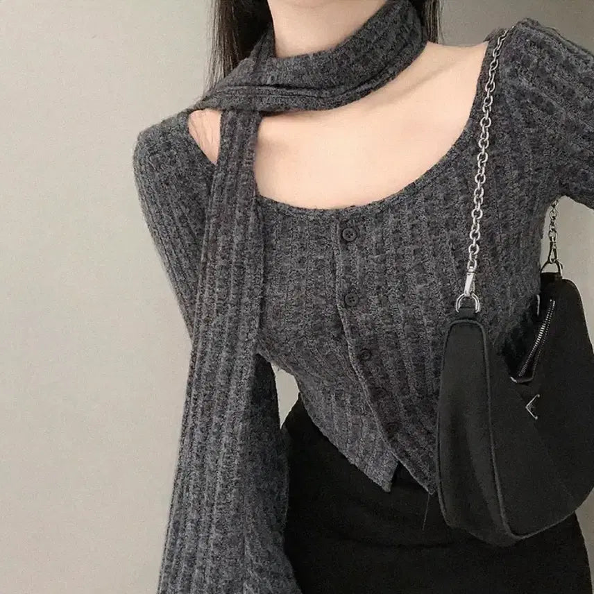 [BUNJANG] AFERIN Muffler Knit Cardigan Set / 아페린 머플러 니트 가디건 세트