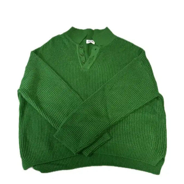 [BUNJANG] Green V-Neck Button Knit Pullover / 니트 풀오버 그린