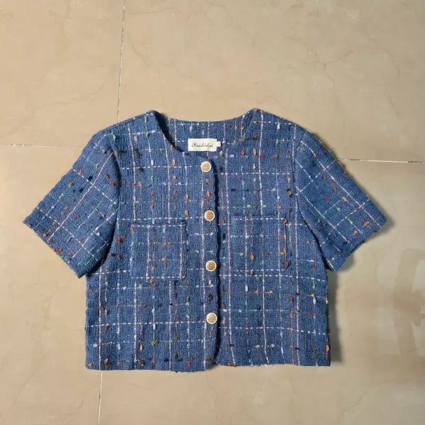[BUNJANG] Blue Check Tweed Short-Sleeve Jacket / 블루 체크 트위드 반팔 자켓