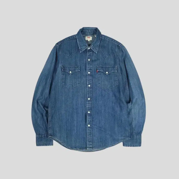 [BUNJANG] Levi's Mid-Wash Logo Tab Double Pocket Snap Button Western Denim Shirt - Size S / 리바이스 중청워싱 로고탭 더블포켓 스냅버튼 웨스턴 청 데님 남방 셔츠 S