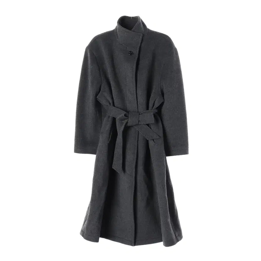 [BUNJANG] Facade Pattern Cashmere Wool High-Neck Belted Long Coat - Charcoal / 파사드 패턴 캐시미어 울 하이넥 벨티드 롱 코트 차콜