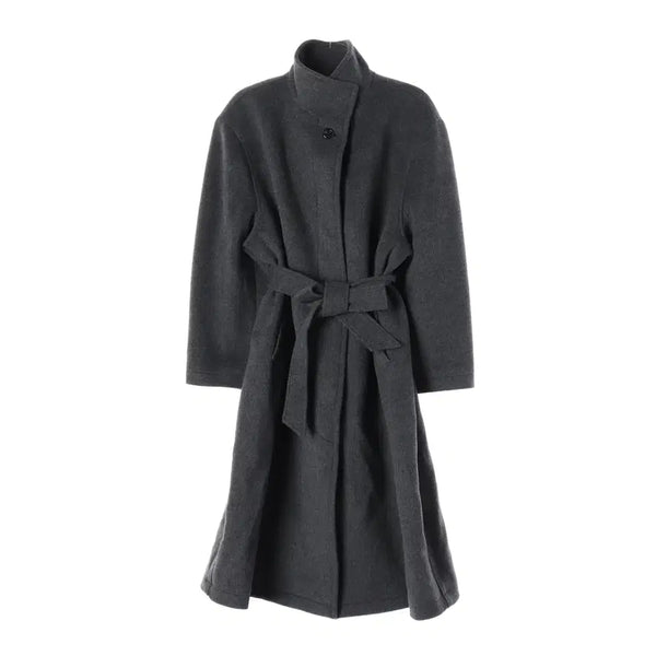 [BUNJANG] Facade Pattern Cashmere Wool High-Neck Belted Long Coat - Charcoal / 파사드 패턴 캐시미어 울 하이넥 벨티드 롱 코트 차콜