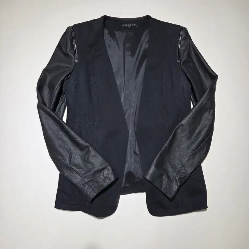 [BUNJANG] Theory Leather Sleeve Open Front Jacket / 띠어리 레더 슬리브 오픈 프론트 재킷