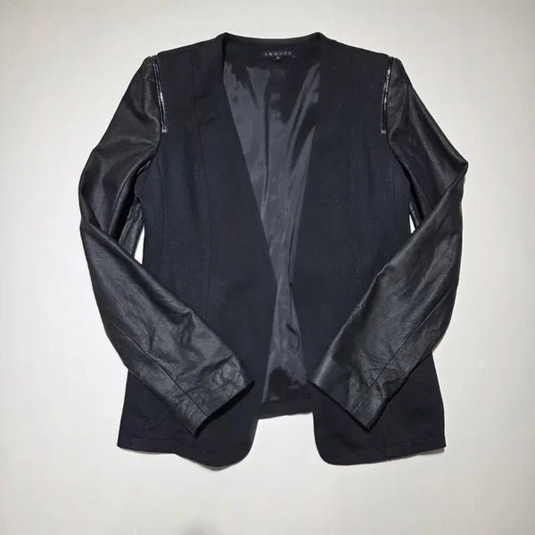 [BUNJANG] Theory Leather Sleeve Open Front Jacket / 띠어리 레더 슬리브 오픈 프론트 재킷